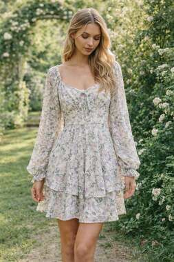 Crystal Doll Juniors Long-Sleeve Tiered Floral Mini Dress in Lavender and Green